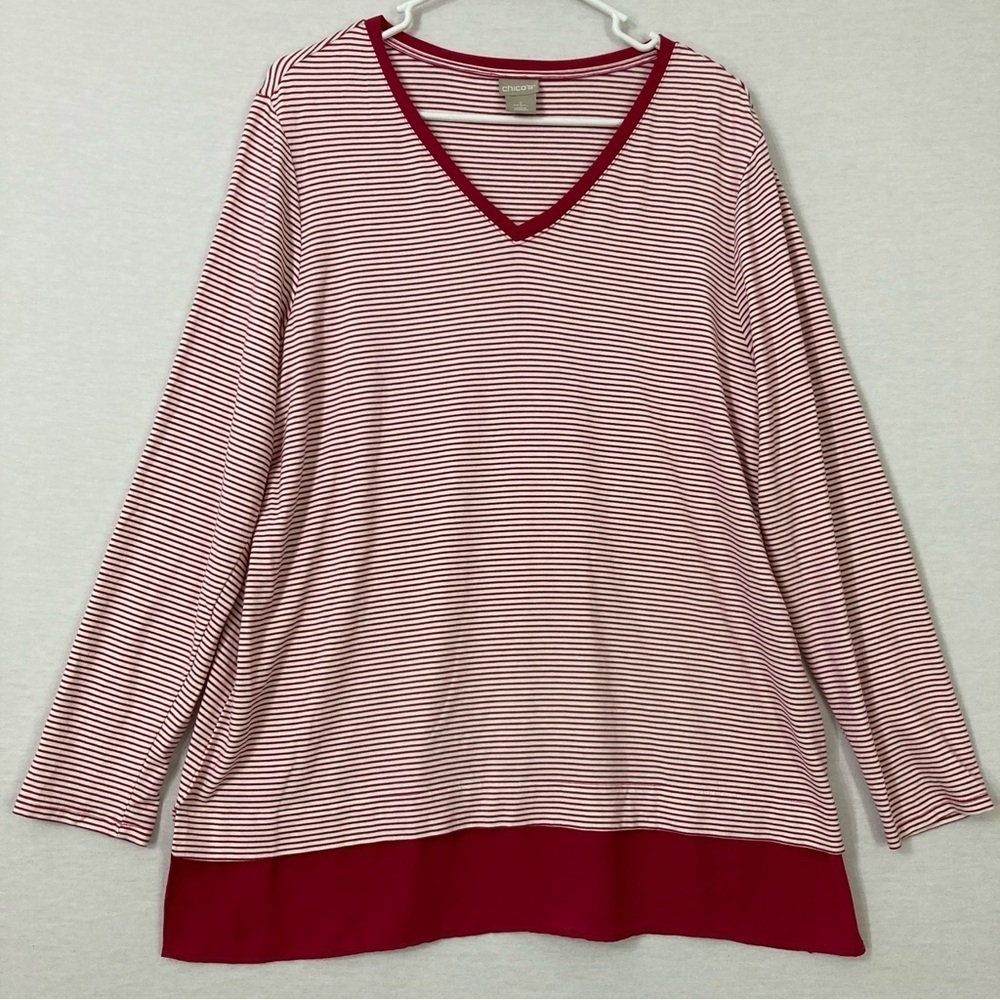 Chico's Red White Striped V Neck Ultra Soft Stretch Long Sleeve Top Large/2